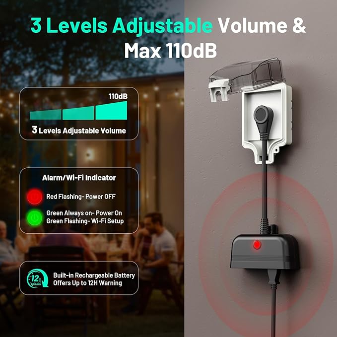WiFi Power Failure Alarm Outdoor, Power Outlet Alarm with SmartLife App Alert for Indoor & Outdoor, 110dB Power Outage Detector for Freezer, Sump Pump, Auto Drip Irrigation, Greenhouse, Pond Pump