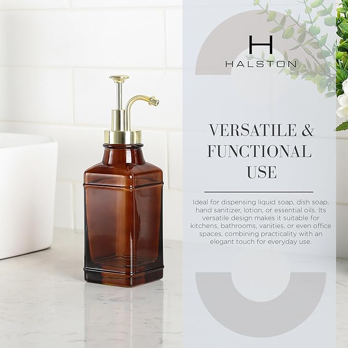 Amber Glass Soap Dispenser with Brushed Gold Pump Dispenser, Modern Refillable Pump for Bathroom, Kitchen, or Office, Elegant Accent Piece for Interior Decoration