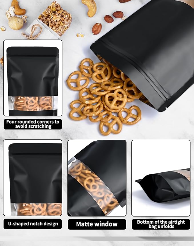 100 Pack Smell Proof Bags, Resealable Bags with Matte Window, Foil Pouch Stand Up Sealable Bags for Packaging（Black,3.5" x 5.1"）
