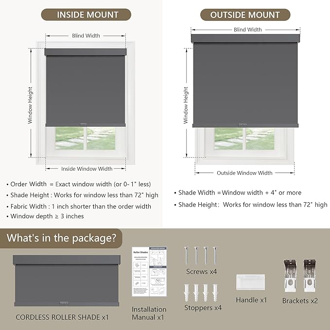 Cordless Blackout Roller Shades Blinds for Windows Free-Stop,Pull Down Room Darkening with Valance,Thermal Insulated Woven Fabric Window Door Blinds for Home,Office,Grey 22" W x 72" L