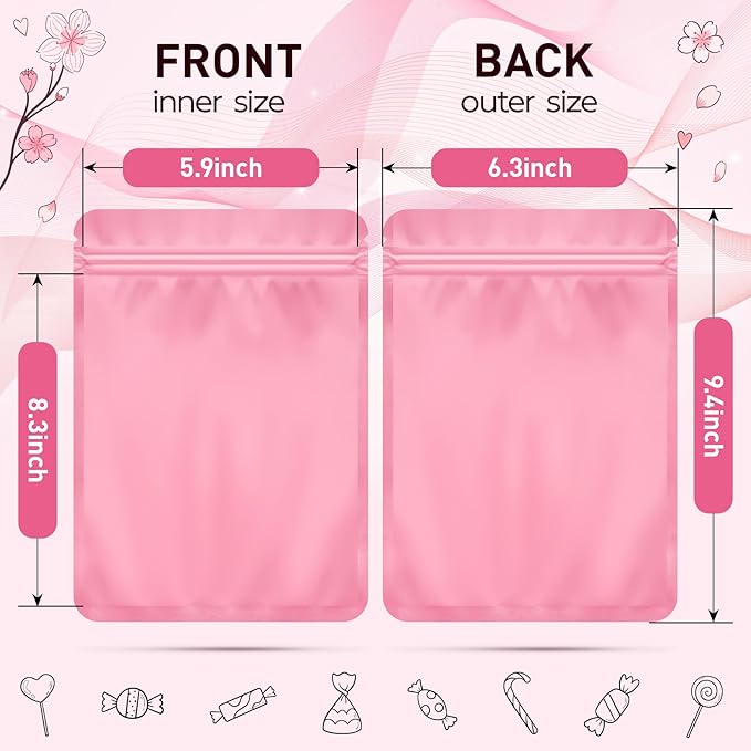 Funfery 100 Pack Pink Mylar Packaging Bags Resealable Bags Double Sided Color Odor Proof Pouch Baggies Smell Proof Foil Bag for Food Storage,Small Business(Pink,6.3x9.4inch)