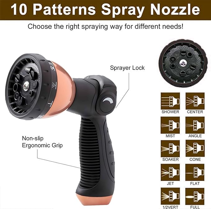 50FT Expandable Garden Hose - with 10-Function Spray Nozzle - Lightweight, Flexible, 3/4" Solid Brass Fittings-champagne
