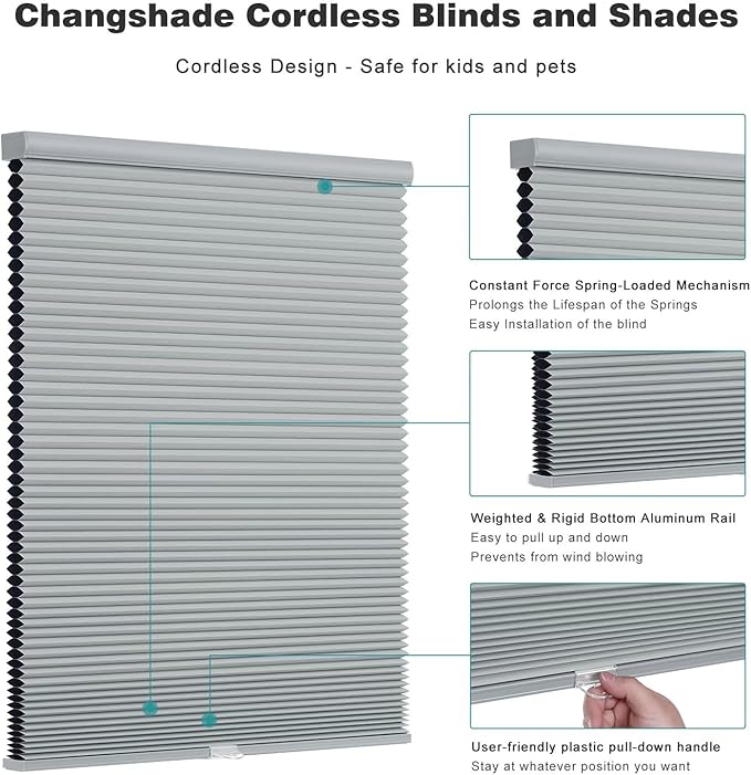 Changshade Cordless Cellular Shades, Blackout Honeycomb Shades for Windows, Pull Down Pleated Blinds, Easy to Install for Indoor Windows and French Doors,65" W x 72" H, Grey