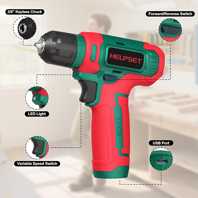 8V Cordless Drill Driver Set - 3/8" Keyless Chuck, 15pcs Drill Bits Included, Built-in LED Light for Drilling & Screwing, Comes with Toolbox for Storage (Christmas)