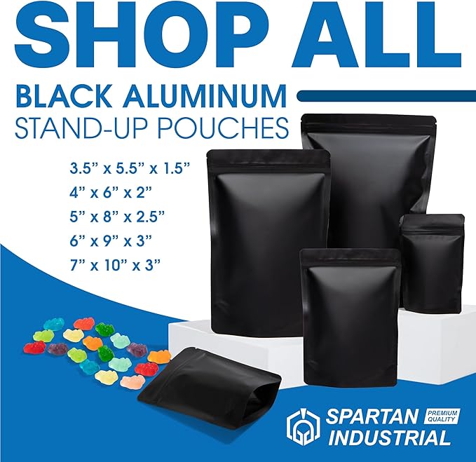 Spartan Industrial 4" X 6" Matte Black Stand-Up Pouches - 100 Count Smell-Proof Mylar Bags for Food Storage With Heat Sealable Opening and Resealable Zipper
