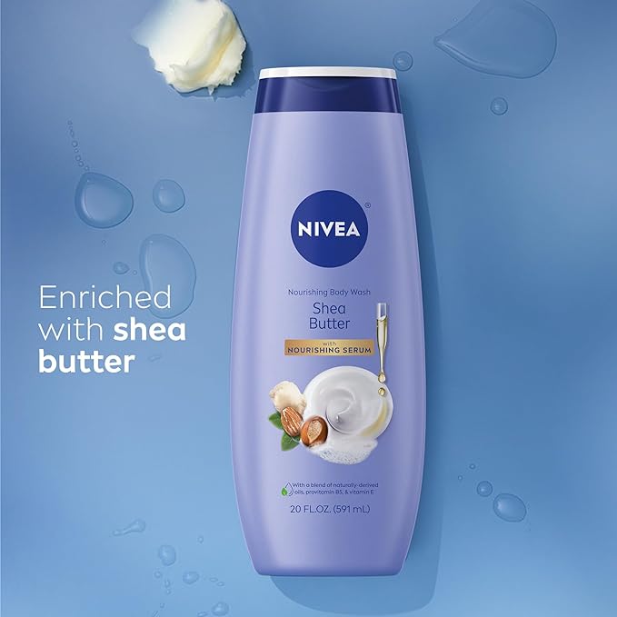 NIVEA Nourishing Shea Butter Body Wash, 20 Fl Oz Bottle Refreshing White Peach and Jasmine Scented Body Wash, 20 Fl Oz Bottle, Skin Care Set with Provitamin B5 and Vitamin E