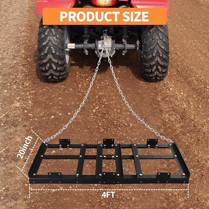 Drag Harrow Driveway Grader, Heavy Duty Power Rake, Driveway Drag for Gravel W/ 4 FT Chain, Tow Behind Lawn Rake for ATV, UTV, Tractor, Mower, Land Leveler for Gravel, Sand, Soil, Hay,4FT