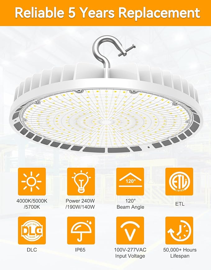 2 Pack UFO LED High Bay Light 240W 190W 140W Adjustable LED Shop Lights 4500K 5000K 5700K Tunable 0-10V Dimmable for Warehouse Garage ETL DLC Listed AC100-277V