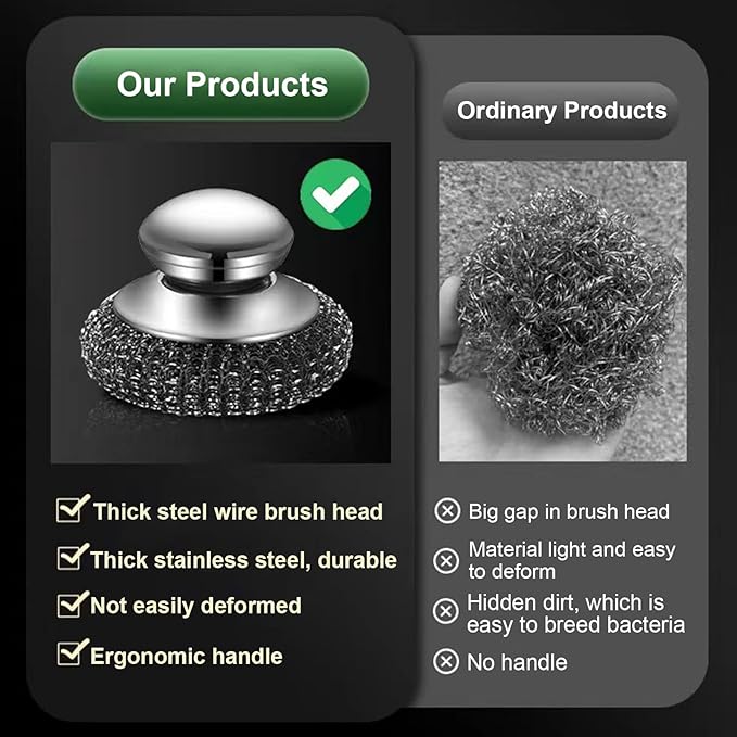 Onewly 2Pack Steel Wool Scrubber Set, Stainless Steel Scrubber with Stainless Steel Handle, for Cleaning Dishes, Cast Iron, Stock Pots, Pans, Griddles, Grills