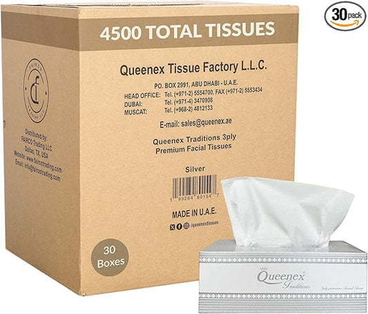 Ultra Soft Facial Tissues, 150 Tissues per Box, 3-Ply, Silver Color Boxes (30 pack Bulk)