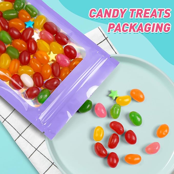 Funfery 300 Pack Smell Proof Resealable Bags for Food Storage,Holographic Bags 4x6 Purple Mylar Clear Packaging Bag- Scent Proof for Cookies, Zip Foil Pouch for Small Business