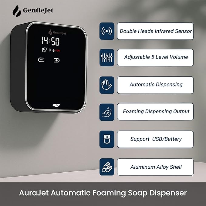 AuraJet Automatic Foaming Soap Dispenser, LED Display, Aluminum Alloy Body, 5 Foam Levels Adjustable, USB-C or Battery Powered, 16.2 oz Automatic Soap Dispenser Touchless Wall Mount