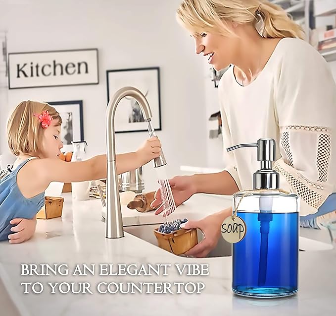 JASAI 16OZ Cylinder Glass Soap Dispenser with Rust Proof Stainless Steel Pump, Refillable Bathroom Soap Dispenser for Hand Soap, Dish Soap, Liquid Soaps and Kitchen (Clear)