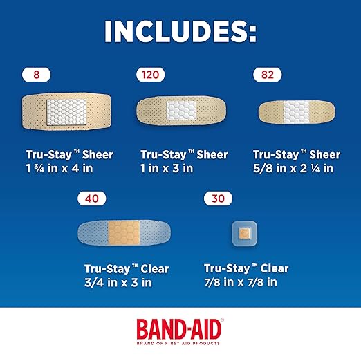 BAND-AID Brand Adhesive Bandages Family Variety Pack, Sheer & Clear Flexible Sterile Individually Wrapped Strips & Spots, First Aid Wound Care for Minor Cuts, Scrapes, Burns, 5 Sizes, 280 ct