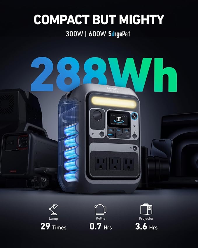 Anker Portable Power Station SOLIX C300, 288Wh LiFePO4 Battery, 300W (600W Surge) Solar Generator, 140W Two-Way Fast Charging, for Outdoor Camping, Traveling, and Emergencies (Solar Panel Optional)