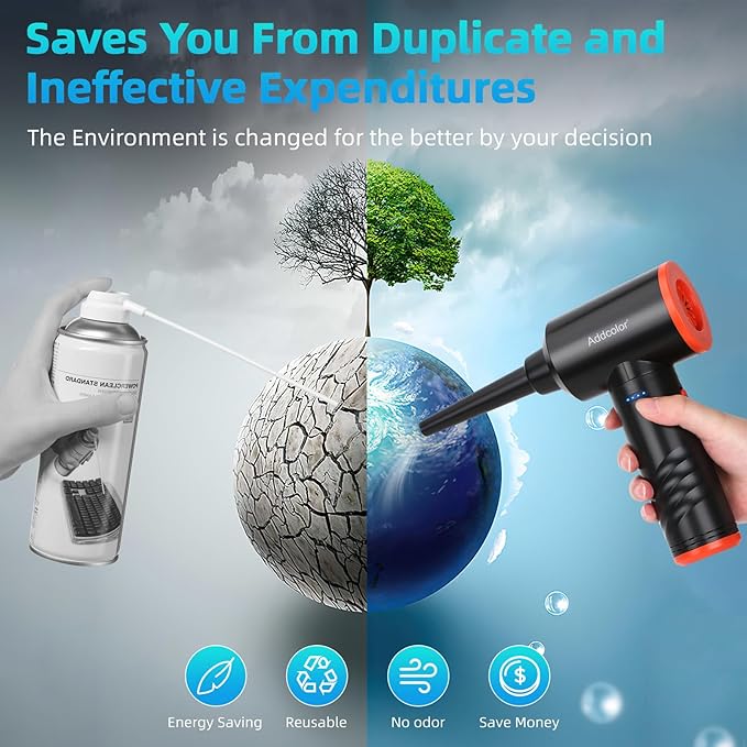 Compressed Air Duster 6000mAh Battery - Electric Air Duster Addcolor AD-38 Keyboard Cleaner for Office-3 Adjustable Wind Speeds with LED Light, Cordless & Reusable Canned Air Duster for Computers