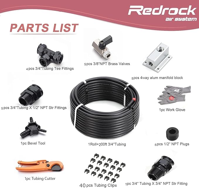 Shop Air Line Kit 3/4" x 200ft, HDPE Aluminum Air Compressor Piping Hose Kit Tubing for Garage with 4-Ways Mainfold Block, Leak Proof & Easy to Install Black 200PSI ASTM F1282