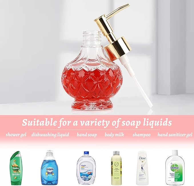 Glass Hand Soap Dispenser Bathroom with Rust Proof Pump for Kitchen Dish Soap, Hand Soap, Essential Oil & Lotion (2PCS New Gold)
