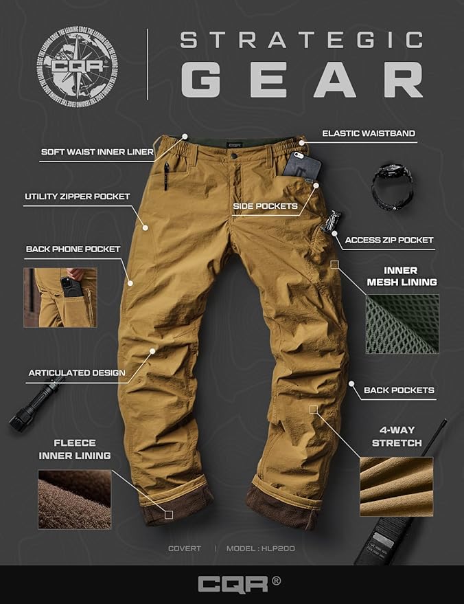 CQR Men's Winter Fleece Lined Pants, Water-Resistant Outdoor Stretch Work Pants, Windproof Casual Pants with Pockets