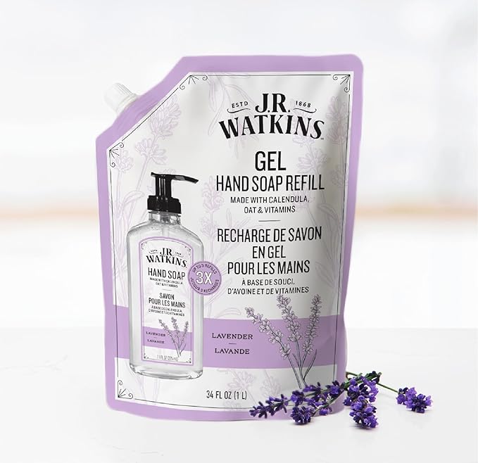 J.R. Watkins Gel Hand Soap Refill, Moisturizing Hand Wash, Formulated with Plant-Based Cleansers, Alcohol-Free, Cruelty-Free, Lavender, 34 Fl Oz, 2 Pack