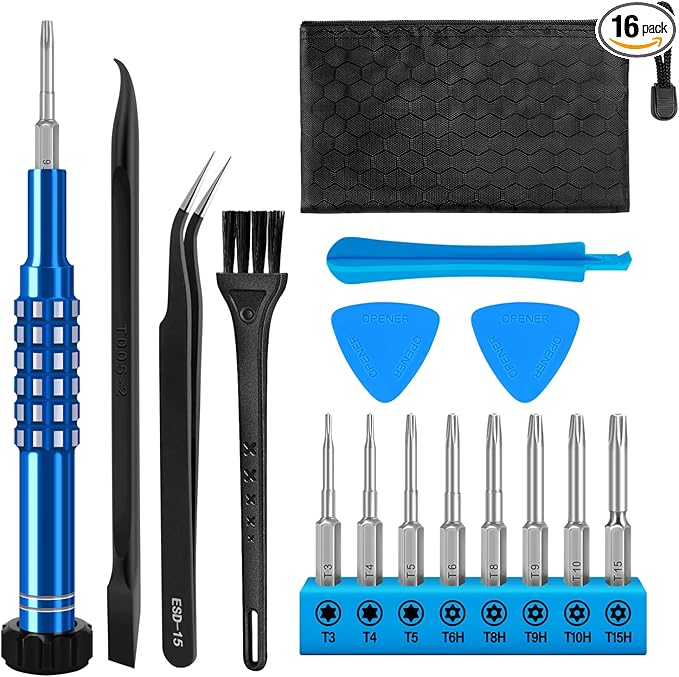 16Pcs Torx Screwdriver Set,T6 T8 Torx Screwdriver for Xbox Controller/PS3 PS4 PS5, T3T4T5T6T8T9T10T15 Crowbars,Tweezers,Cleaning Tool for Computer,Hard drive,Keyboard,Pocket Knife (16PCS)