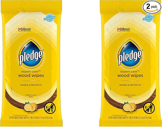 Pledge Multi-Surface Furniture Polish Wipes, Works on Wood, Granite, and Leather, Cleans and Protects, Lemon (24 Total Wipes) (Pack of 2)