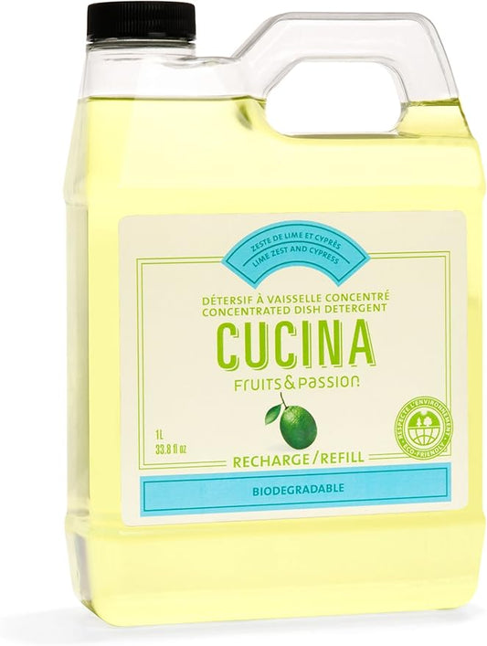 Fruits & Passion Cucina Concentrated Dish Soap Refill, Lime Zest & Cypress Tree, Gentle Liquid Dishwashing Detergent with Olive Oil, Vegan & Eco-Friendly Formula, 1 Liter (33.8 fl oz)