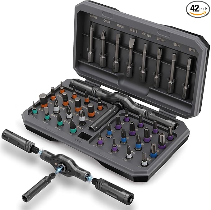 KELIN Magnetic Ratchet Screwdriver Set, 42 in 1 T Handle Ratchet Screwdriver Kits with S2 Steel Bits, Ratcheting Screwdriver for Home Daily Repair, DIY Projects, Ideal Gift for Men Husband