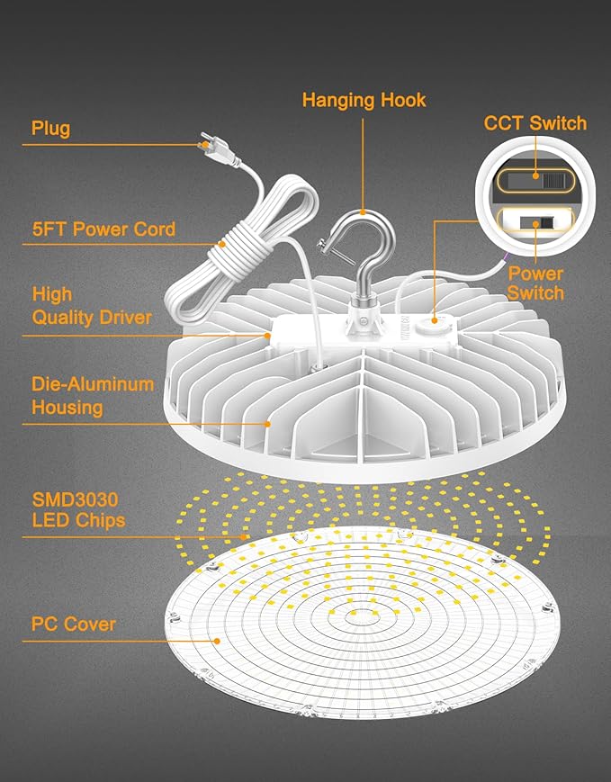 High Bay LED Lights UL DLC Listed Adjustable 240W/190W/140W 3000K/4000K/5000K Dimmable UFO LED Shop Light for Gym Factory Warehouse