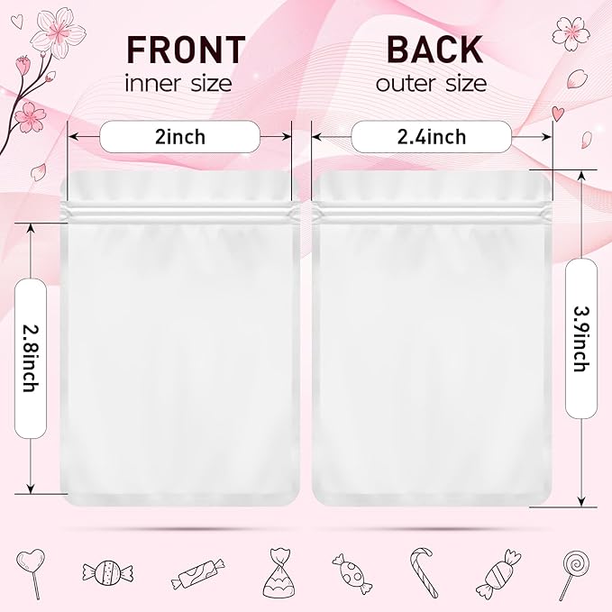 Funfery 100 Pack White Mylar Packaging Bags Resealable Bags Double Sided Color Odor Proof Pouch Baggies Smell Proof Foil Bag for Food Storage,Small Business(White,2.4x3.9inch)