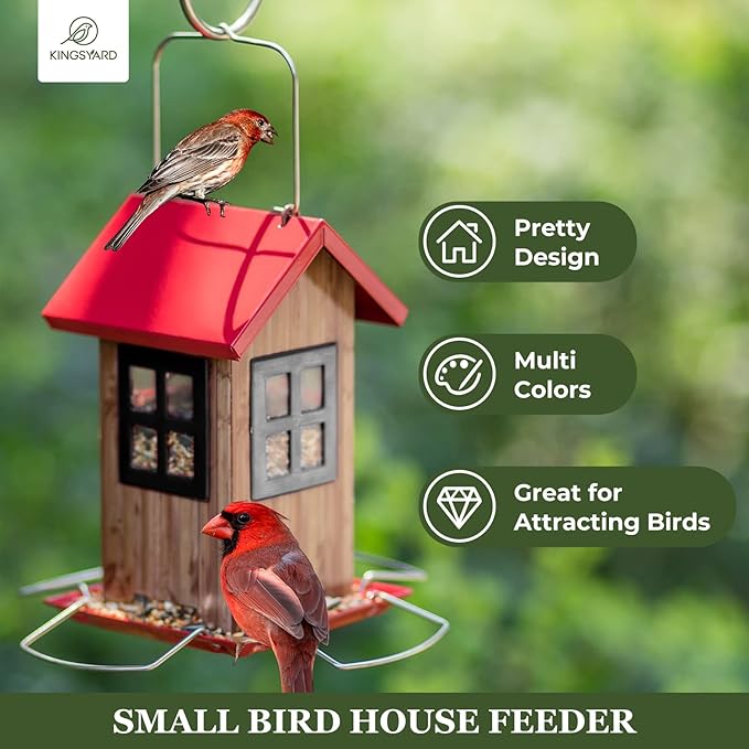 Kingsyard Cute Bird House Feeders for Outside, Hanging Metal Bird Feeder with 4 Ports, Outdoor Garden Yard Decorations for Cardinals Finches Chickadees Goldfinches & Sparrows Birds Watching