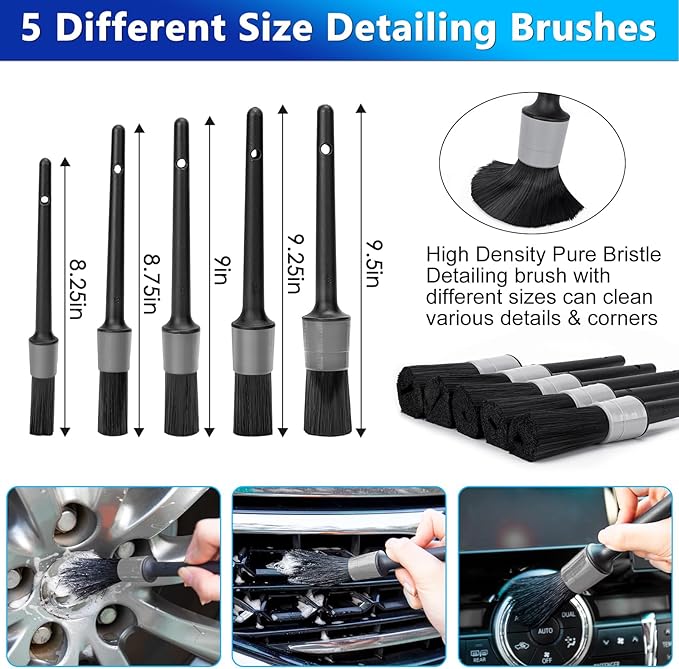 THINKWORK Car Wash Kit, Car Washing Brush with Long Handle, Extendable Car Wash Brush Mop with 2-in-1 Windshield Squeegee and 9Pcs Detailing Brush, Gray Car Detailing Kit Gift for Men