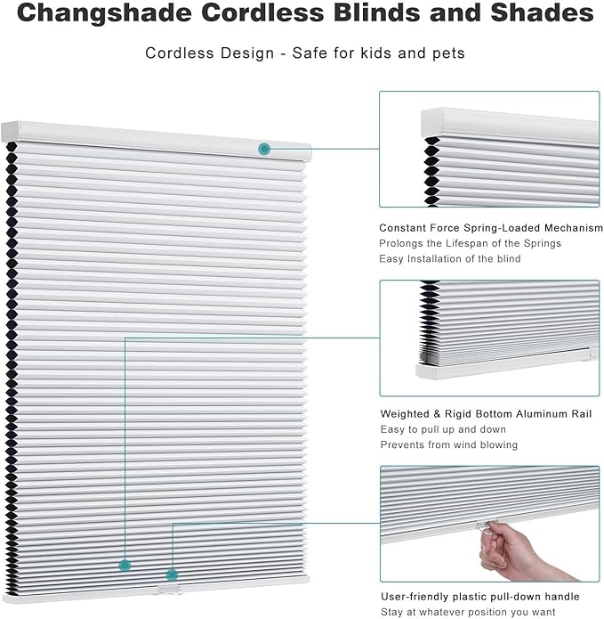 Changshade Cordless Cellular Shades, Blackout Honeycomb Shades for Windows, Pull Down Pleated Blinds, Easy to Install for Indoor Windows and French Doors,20" W x 48" H, White