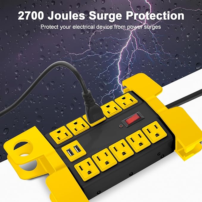 CCCEI Heavy Duty Power Strip with USB Ports, Garage 10 Outlets Surge Protector 2700 Joules, Industrial Workshop Metal 15Amp Multiple Outlets, 10 FT Extension Cord and Wide Spaced Black