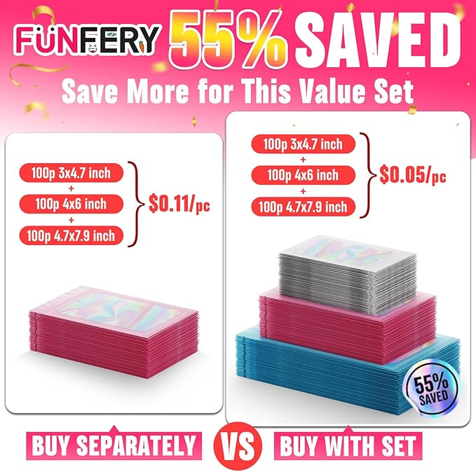 Funfery 300 Pack 3 Size Mylar Holographic Bags with Clear Window,Resealable Bag Smell Proof Foil Baggies Packaging Pouch for Food Storage,Sample,Small Business(Purple Blue,3x4.7,4x6,4.7x7.9in)