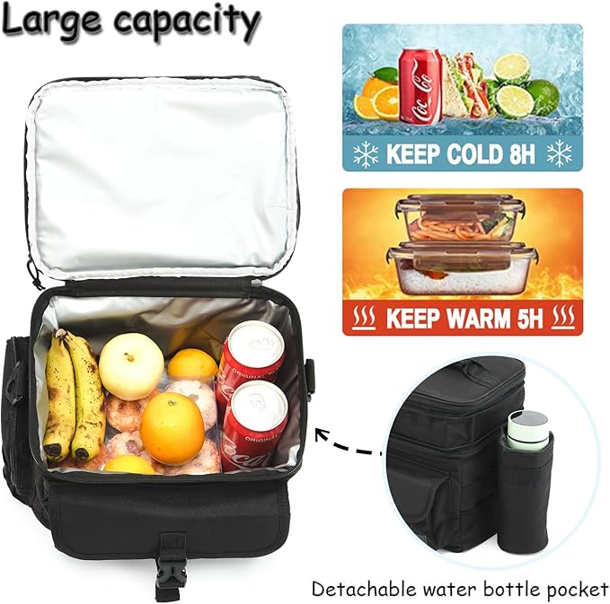 MOV COMPRA Tactical Lunch Bag for Men Expandable Double Deck Insulated Lunch Box Leakproof Large Capacity with MOLLE Water Bottle Pouch for Adults for Work Picnic Camping（Black）