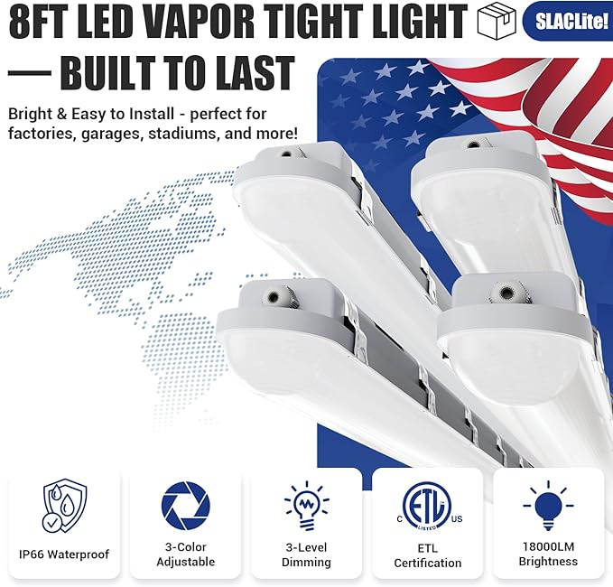 8FT LED Vapor Tight Light 120W/100W/80W,3/4/5000K CCT Selectable 18000lm (150W Eq.) IP66 Waterproof Shop Light 8feet LED Vapor Proof Fixture for Parking Garage Car Wash Warehouse ETL 4-Pack