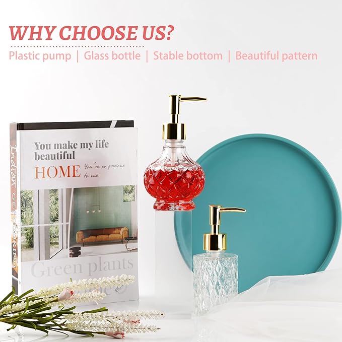 Glass Hand Soap Dispenser Bathroom with Rust Proof Pump for Kitchen Dish Soap, Hand Soap, Essential Oil & Lotion (New Gold)