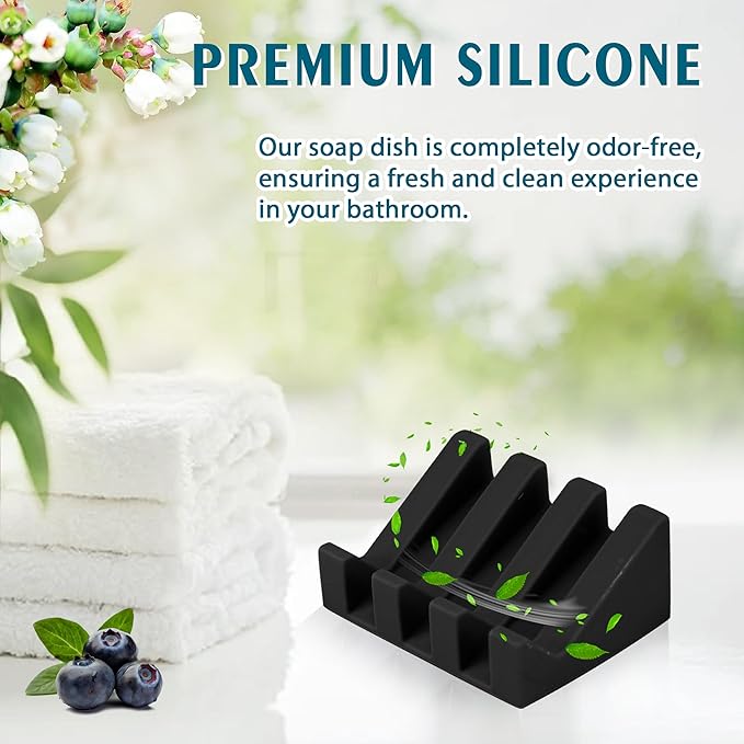 Silicone Soap Dish with Drain, Upgrade Double Suction Cups at The Bottom for Anti-Slip and Stability, Soap Dish Shower Waterfall Bar Soap Holder Tray with Drain Soap Holder (3, Black)
