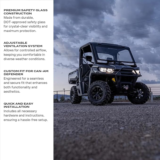 Front Windshield for Can-Am Defender (2020 - 2025) Shatter Resistant with Built-in UTV Windshield Vents, Easy Install Back Window, SXS Accessories for Rugged Terrain