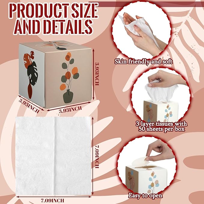 12 Pack Fall Vase Illustration Facial Tissues Cube Face Boxes 600 Sheets 3 Ply Small Square Tissues Bulk for Car Bedroom Supplies