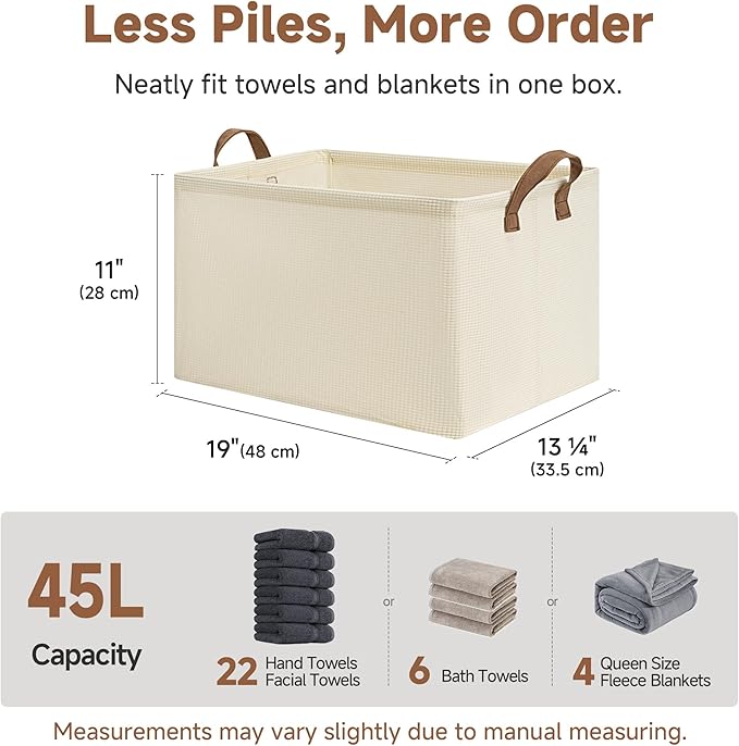 StorageWorks Storage Bins, Shelves Baskets for Organizing, 45L Extra Large Fabric Closet Organizers with Handles, Metal Frame, Beige（Texture）, 2-Pack