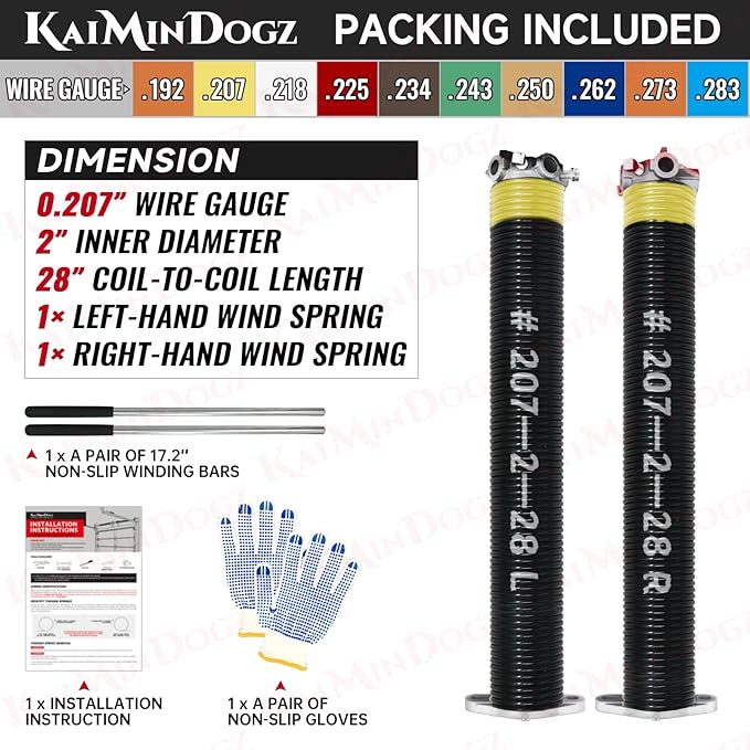 Pair of 2" Garage Door Torsion Springs Set with Non-Slip Winding Bar & Gloves,High Precision Electrophoresis Black Coated, for Replacement & Installation, MIN 16,000 Cycles (0.207x2''x28'')