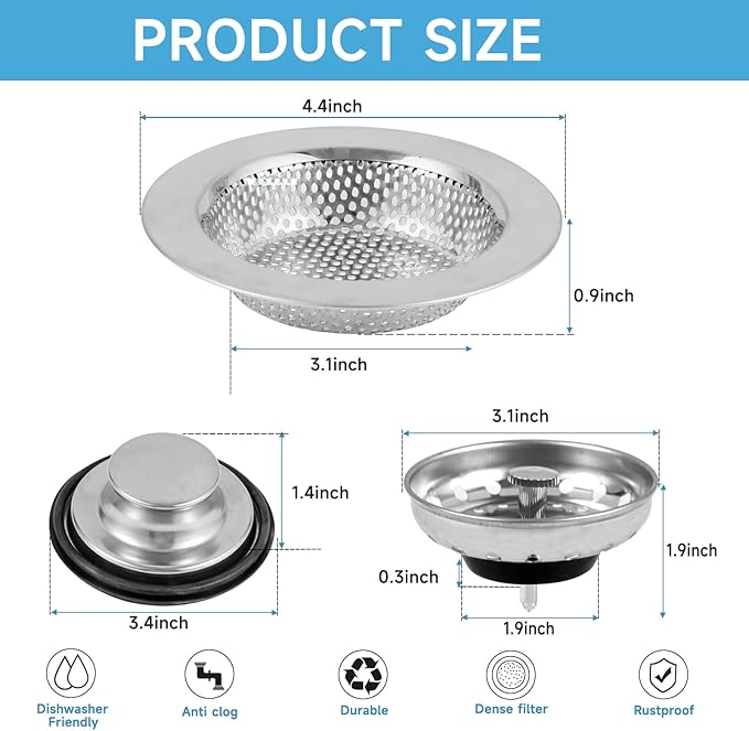 3 Pieces Kitchen Sink Stopper Strainer, Garbage Disposal Plug, Anti-Clogging Stainless Steel Sink Disposal Stopper, Perforated Basket Drain Filter Sieve or Keep Water for Standard Kitchen Sink Drain