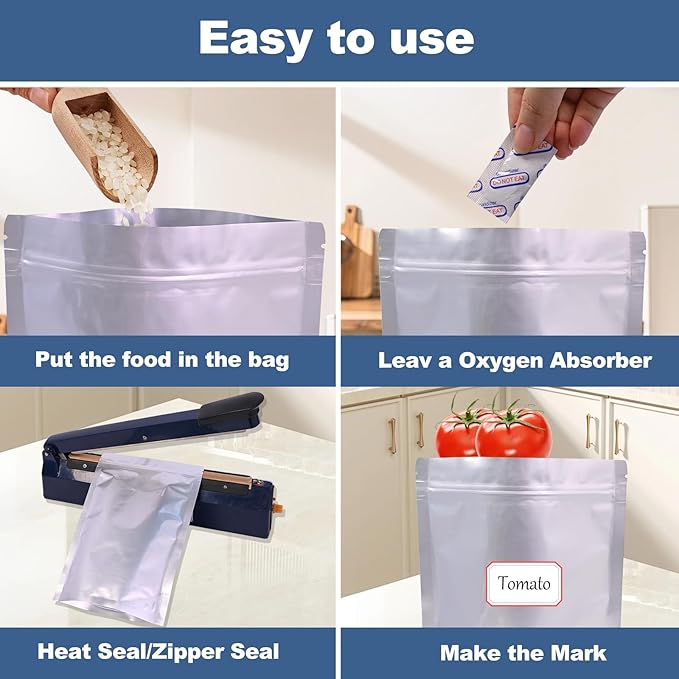 30PCS 1Gallon 10"X14" Mylar Bags for Food Storage with Oxygen Absorbers&Lables,10 Mil Thick Resealable Stand-Up Zipper&Heat Sealable Bags for Long Term Food Storage,Dried Food