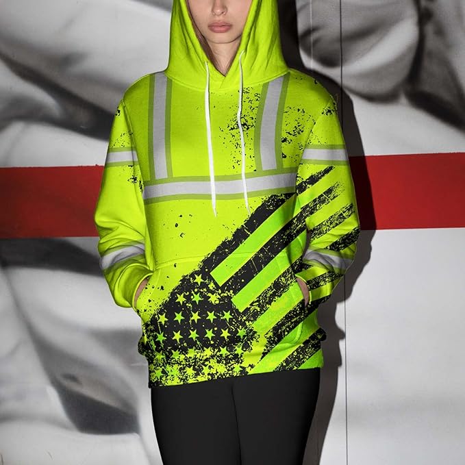 Color US Flag High Visibility Hoodie for Men Women Reflective Tapes Safety Workwear for Worker Runner Patriotic