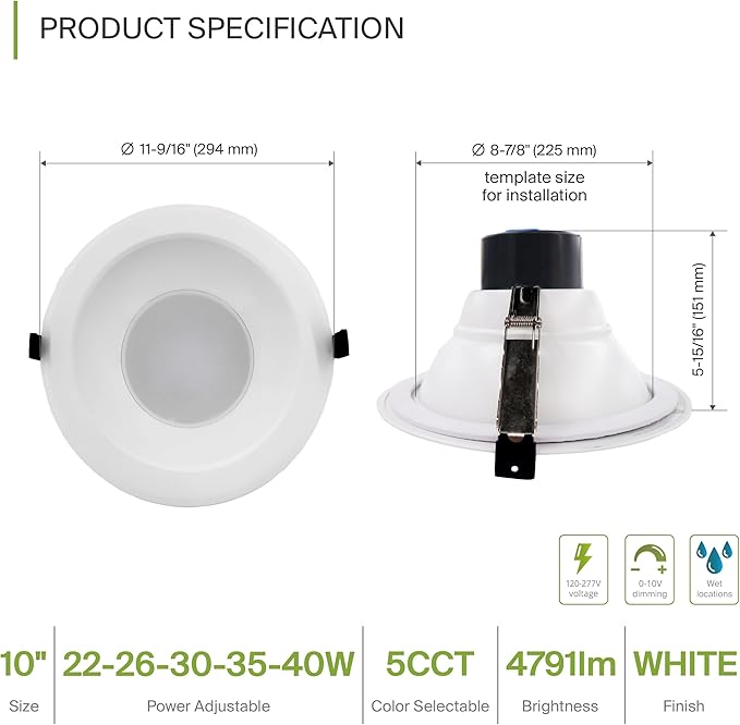 ASD Commercial LED Downlight 9/10 Inch, Power Adjustable Downlights 22/26/30/35/40W, Canless Recessed Lighting 120-277V, 5 CCT 2700K-5000K, Dimmable Ceiling Light Fixture, IC Rated, White, ETL, 4 Pack