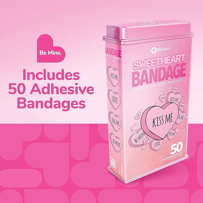 BioSwiss Kids Bandages, Valentine Heart Shaped Self Adhesive Bandage Set, Latex Free, Sterile Wound Care, 50 Count