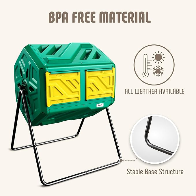 Compost Bin, Outdoor Composter, Fast Assembly 43 Gallon Dual Chamber Outdoor Compost Tumbler, Heavy Duty Tumbling Rotating Composter for Patio, Garden, Yard, Green, Easy Setup, Gloves Included