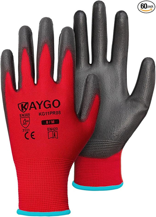 KAYGO Safety Work Gloves PU Coated for Women, 60 Pairs Seamless Knit Glove with Polyurethane Coated Smooth Grip on Palm and Fingers, Ideal for General Duty Work, KG11P (M, Red)